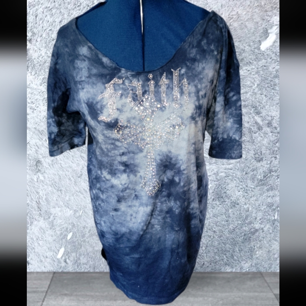 Women's Blue Tie-Dye Top with Rhinestone Design Cross Faith